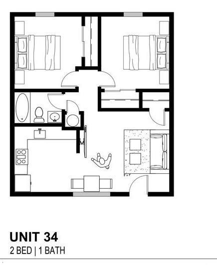 A black and white image of a floor plan for a 2 bedroom apartment with 1 bathroom.